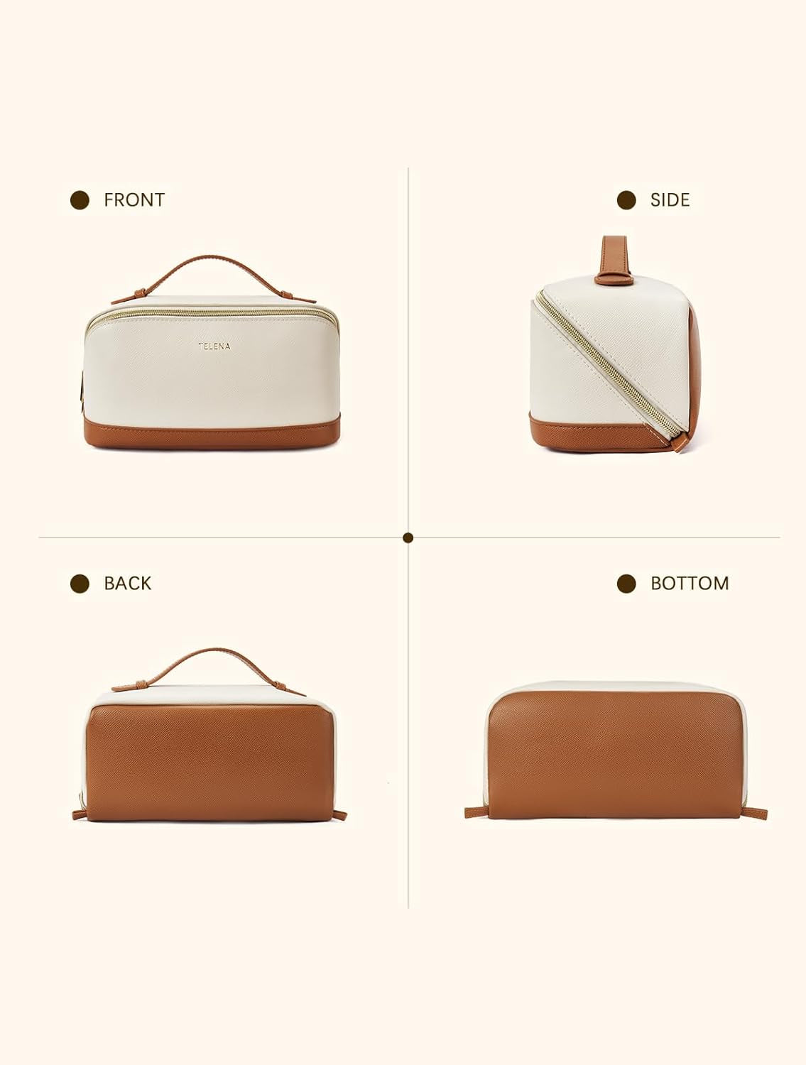 Makeup Bag Large Capacity Travel Cosmetic Bag Portable PU Leather Water Resistant Makeup Organizer Bags for Women with Handle and Divider Open Flat Beige with Brown